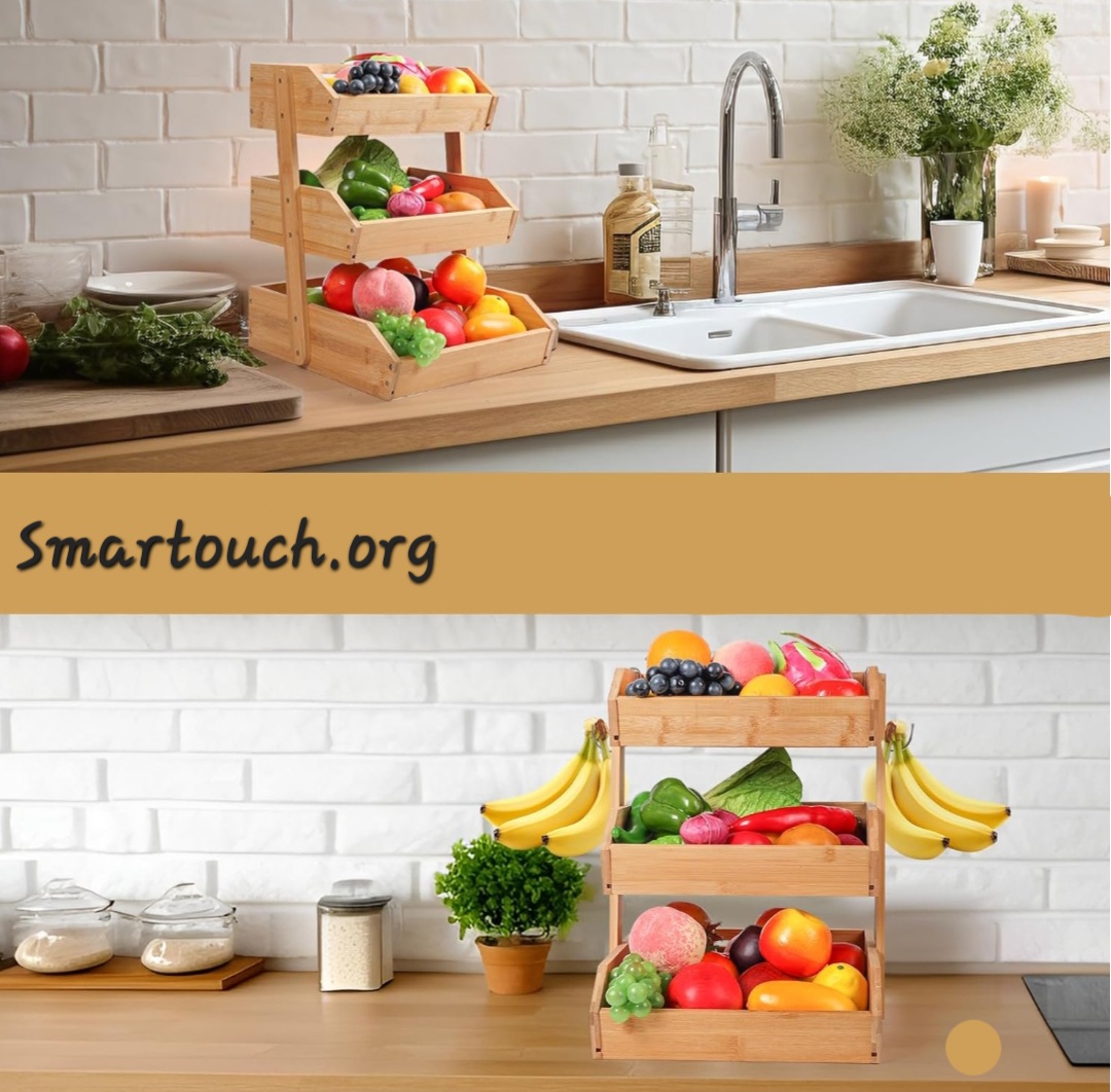 Smart Touch Bamboo Fruit Basket 3-Tier - Perfect Basket for Kitchen Durable & Easy to Assemble Stand for Countertop - Perfect Holder for Vegetables, Bread, Snacks & More - Image 3