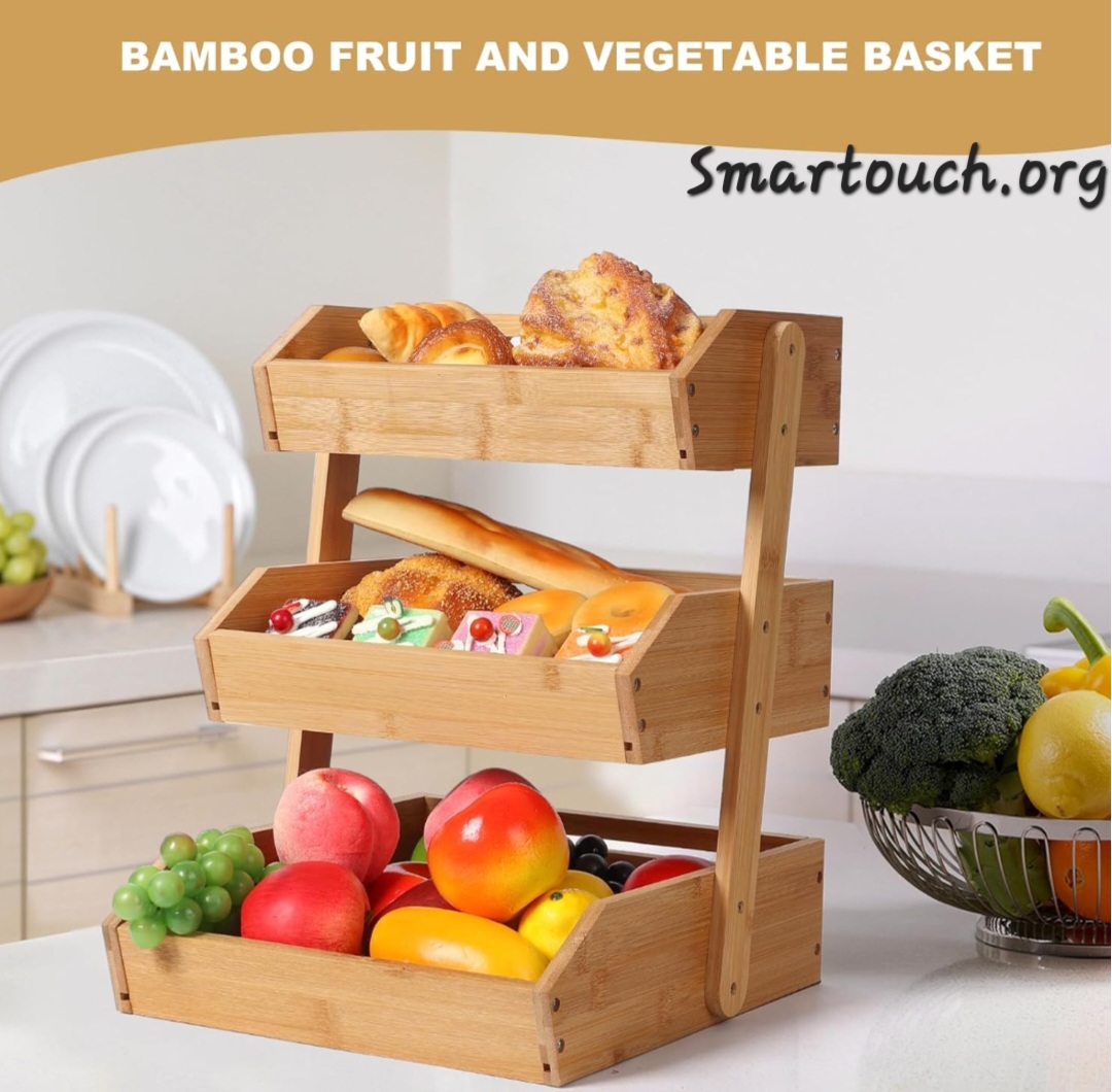 Smart Touch Bamboo Fruit Basket 3-Tier - Perfect Basket for Kitchen Durable & Easy to Assemble Stand for Countertop - Perfect Holder for Vegetables, Bread, Snacks & More